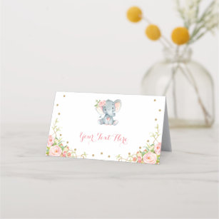 Boho Pink Gold Floral Elephant Baby Shower Decor Place Card