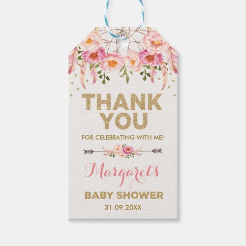 Boho Pink Gold Flowers Baby Girl Shower Favors Gift Tags