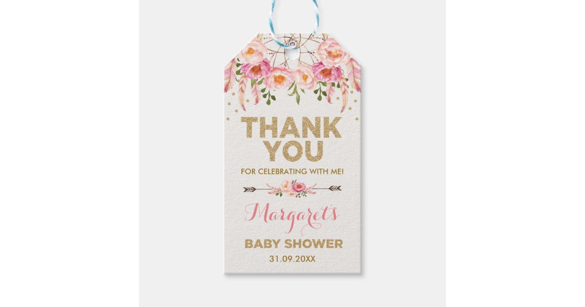 Boho Pink Gold Flowers Baby Girl Shower Favors Gift Tags Zazzle