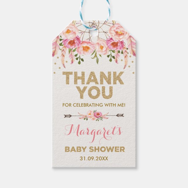 Boho Pink Gold Flowers Baby Girl Shower Favors Gift Tags (Front)