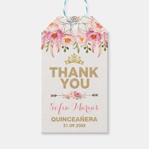 Boho Pink Gold Flowers Quinceanera Favors Gift Tags