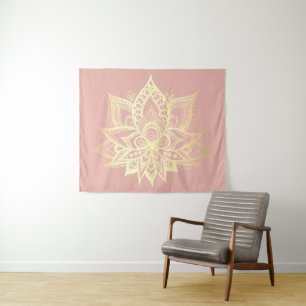 Boho Pink Gold Lotus Flower Mandala Art Tapestry