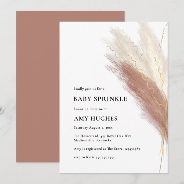 Boho Pink Gold Pampas Grass Baby Girl Sprinkle Invitation (Front/Back)