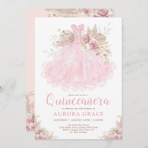 Boho Pink Gold Quinceaera Princess Dress Birthday Invitation