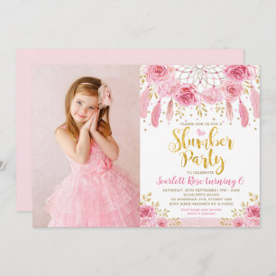 Boho Pink Gold Roses Dream Catcher Slumber Party Invitation
