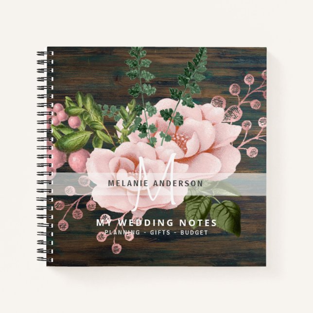 Boho Pink Gold Roses Flowers Wedding Planning Notebook (Front)