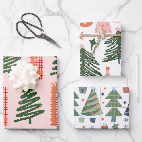 Boho Pink Green Blue Christmas Trees Holiday Wrapping Paper Sheets