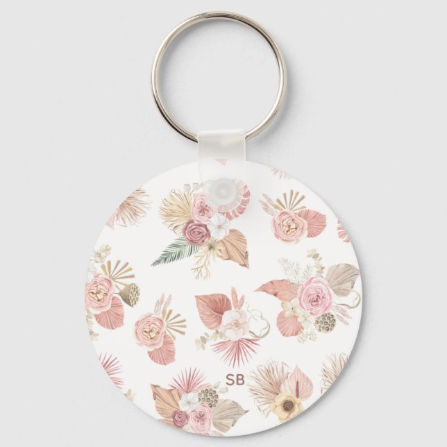 Boho Pink Green Brown Floral Keychain (Front)