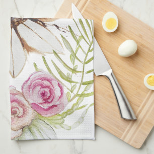 Boho Pink Green Brown White Floral Trendy Kitchen Towel