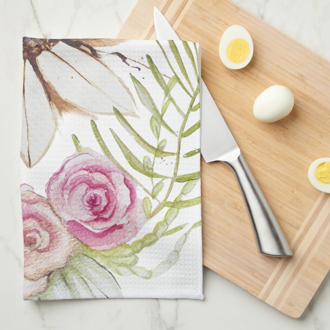 Boho Pink Green Brown White Floral Trendy Kitchen Towel (Quarter Fold)