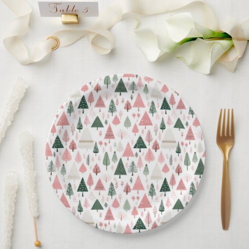 Boho Pink Green Christmas Trees Christmas Holiday  Paper Plates