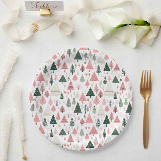Boho Pink Green Christmas Trees Christmas Holiday  Paper Plates (Wedding)