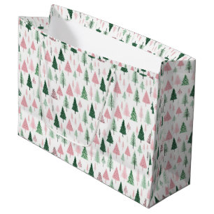 Boho Pink Green Christmas Trees Holiday Large Gift Bag