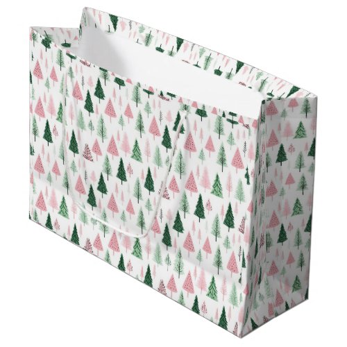 Boho Pink Green Christmas Trees Holiday  Large Gift Bag