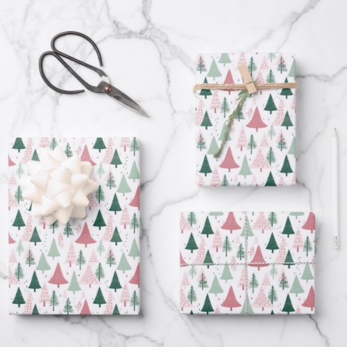 Boho Pink Green Christmas Trees Holiday Seasonal Wrapping Paper Sheets