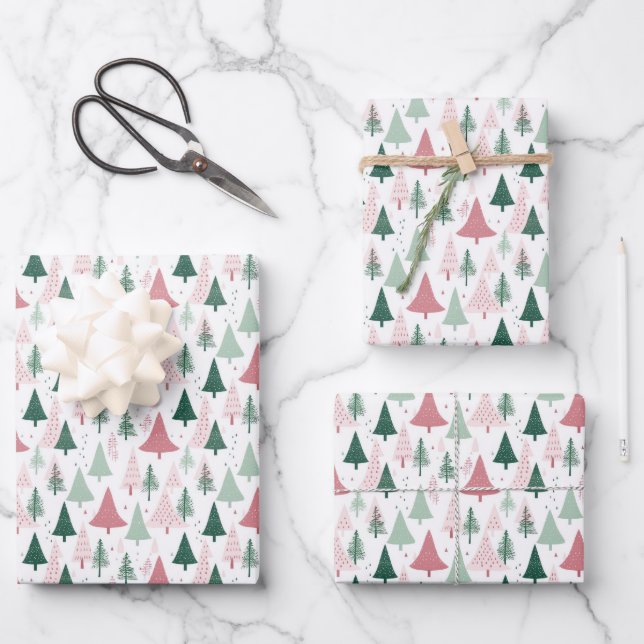 Boho Pink Green Christmas Trees Holiday Seasonal Wrapping Paper Sheets (Front)
