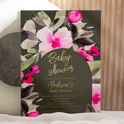 Boho pink green floral watercolor baby shower foil invitation