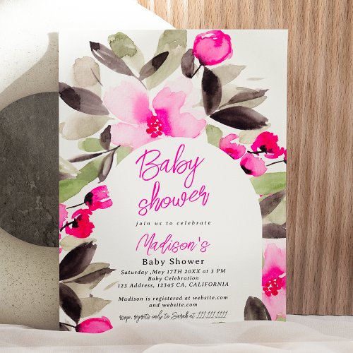 Boho pink green floral watercolor baby shower invitation