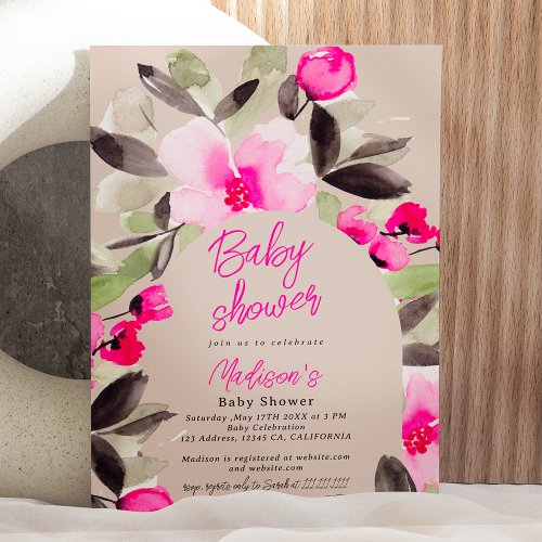 Boho pink green floral watercolor baby shower invitation