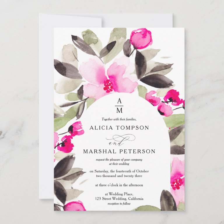 Boho pink green floral watercolor wedding invitation