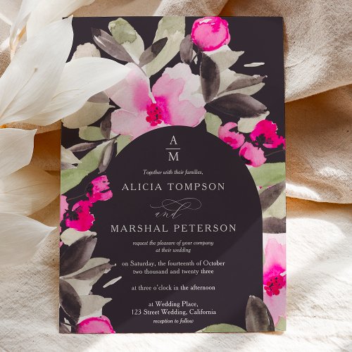 Boho pink green floral watercolor wedding invitation