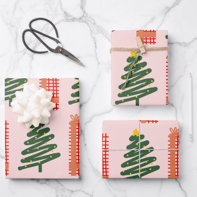 Boho Pink Green Red Christmas Trees Holiday  Wrapping Paper Sheets (Front)