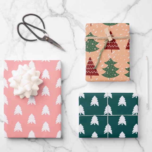 Boho Pink Green Red White Christmas Trees Holiday Wrapping Paper Sheets (Front)