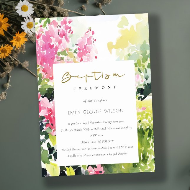 Boho Pink Green Tropical Bougainvillea Bapitism Invitation (Creator Uploaded)