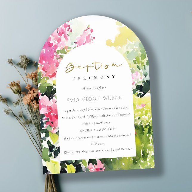 Boho Pink Green Tropical Bougainvillea Baptism Invitation (Creator Uploaded)
