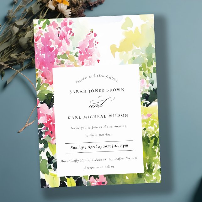 Boho Pink Green Tropical Bougainvillea Wedding Invitation (Creator Uploaded)