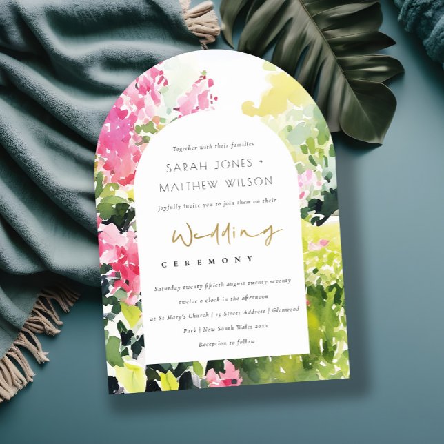 Boho Pink Green Tropical Bougainvillea Wedding Invitation (Creator Uploaded)