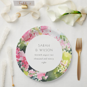 Boho Pink Green Tropical Bougainvillea Wedding Paper Plates