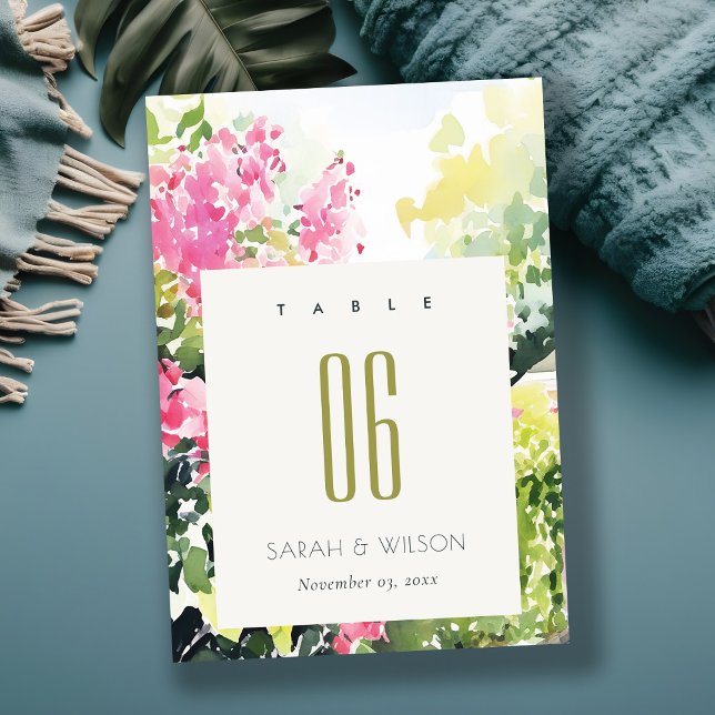 Boho Pink Green Tropical Bougainvillea Wedding Table Number (Creator Uploaded)