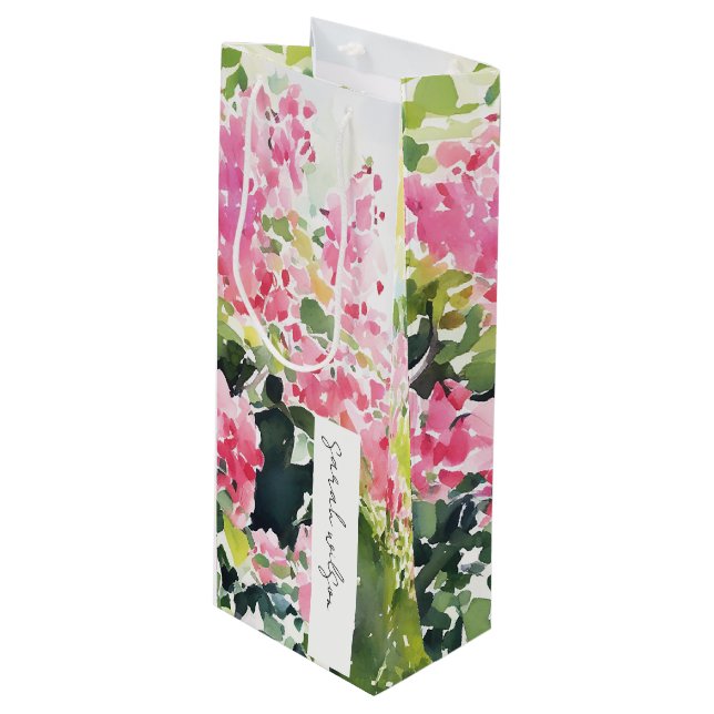 Boho Pink Green Tropical Bougainvillea Wedding Wine Gift Bag (Front Angled)