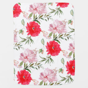 Boho Pink & Green Watercolor Summer Flowers Baby Blanket