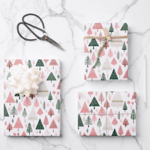 Boho Pink Green Whimsical Seasonal Christmas Trees Wrapping Paper Sheets