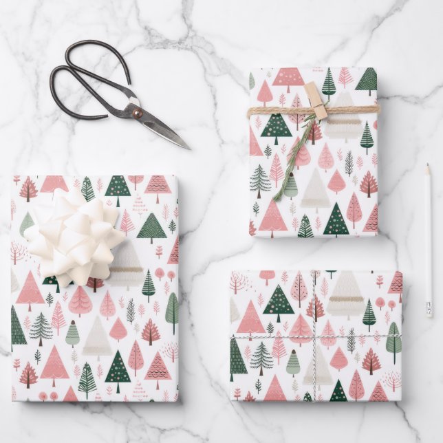 Boho Pink Green Whimsical Seasonal Christmas Trees Wrapping Paper Sheets (Front)