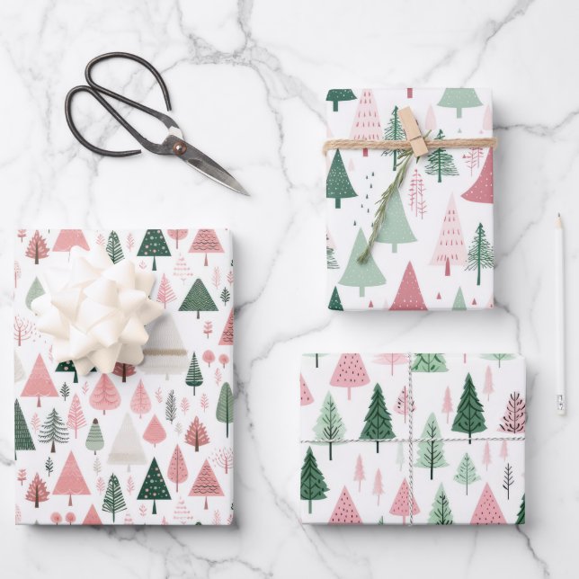 Boho Pink Green Whimsical Seasonal Christmas Trees Wrapping Paper Sheets (Front)