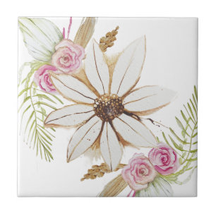Boho Pink Green White Brown Floral Decorative Ceramic Tile