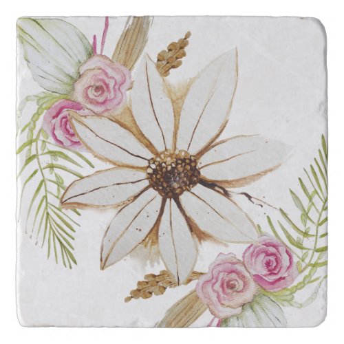 Boho Pink Green White Brown Floral Decorative Trivet