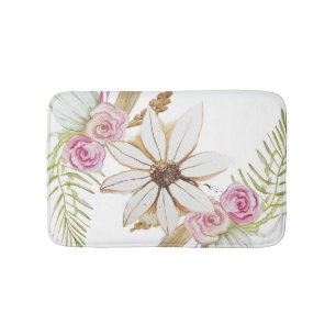 Boho Pink Green White Brown Floral Elegant Bath Mat