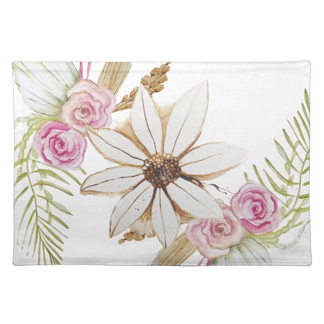 Boho Pink Green White Brown Floral Elegant Cloth Placemat (Front)