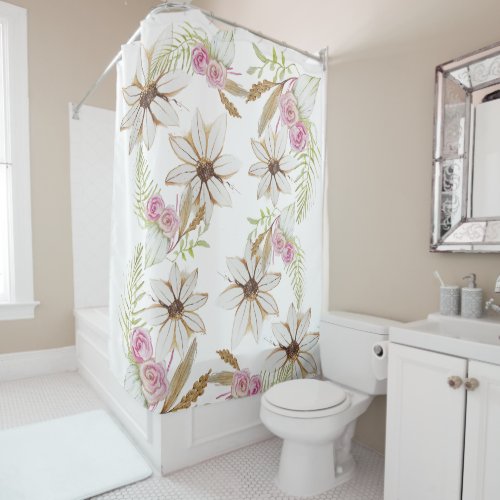 Boho Pink Green White Brown Floral Elegant Trendy  Shower Curtain