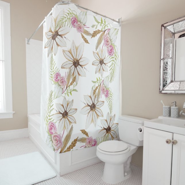 Boho Pink Green White Brown Floral Elegant Trendy  Shower Curtain (In Situ)