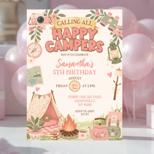 Boho Pink Happy Campers Girl Birthday Invitation