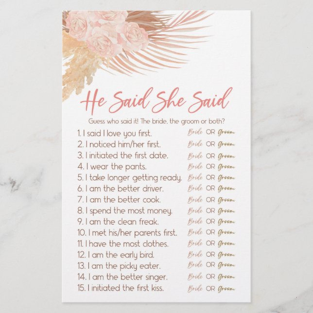 Boho Pink He Said She Said Bridal Shower Game Stationery (Front)