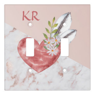 Boho Pink Heart Feathers Daisy Marble Initials Light Switch Cover