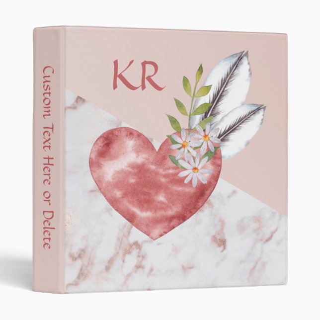 Boho Pink Heart Feathers Daisy Marble Pattern 3 Ring Binder (Front/Spine)