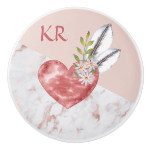 Boho Pink Heart Feathers Daisy Marble Pattern Ceramic Knob