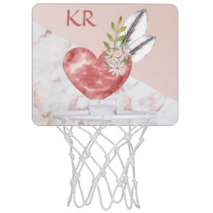 Boho Pink Heart Feathers Daisy Marble Pattern Mini Basketball Hoop